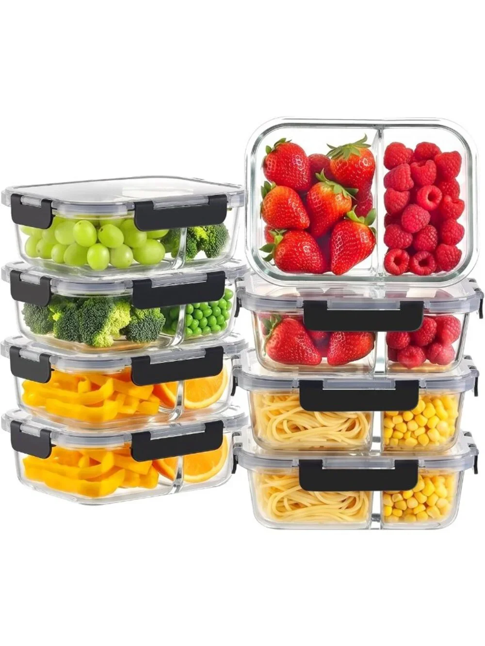 8-Pack 36oz Glass Meal Prep Containers with Lids - 2 Compartment, BPA-Free